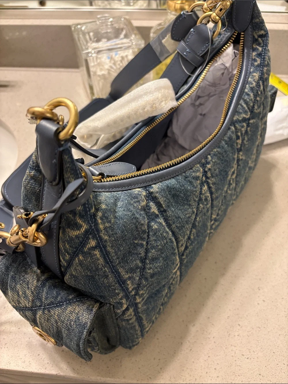 Coach Quilted Denim Shoulder Bag with Gold Hardware